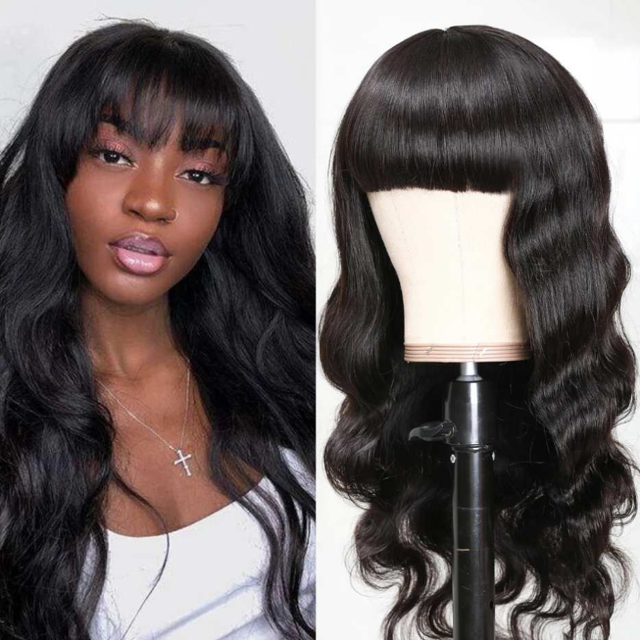 UWigs 10A Brazilian Body Wave Human Hair Wig With Free Part Bangs Machine Made Glueless Breathable Wig Supper Affordable