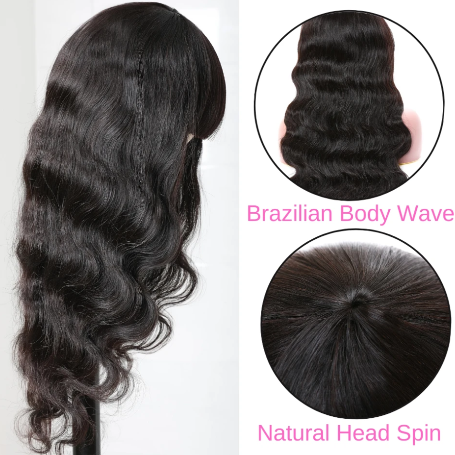 UWigs 10A Brazilian Body Wave Human Hair Wig With Free Part Bangs Machine Made Glueless Breathable Wig Supper Affordable