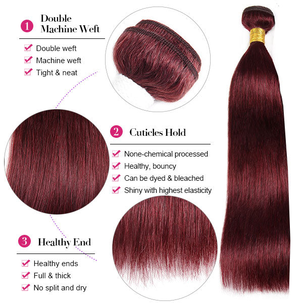 Burgundy 99j Color Straight 3 Bundles With HD Lace Closure
