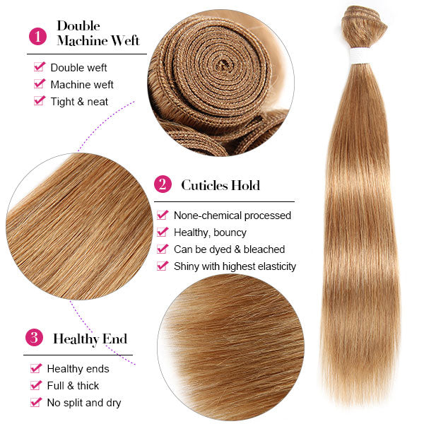 27# Color Honey Blonde 3 Bundles With Lace Closure Straight Hair