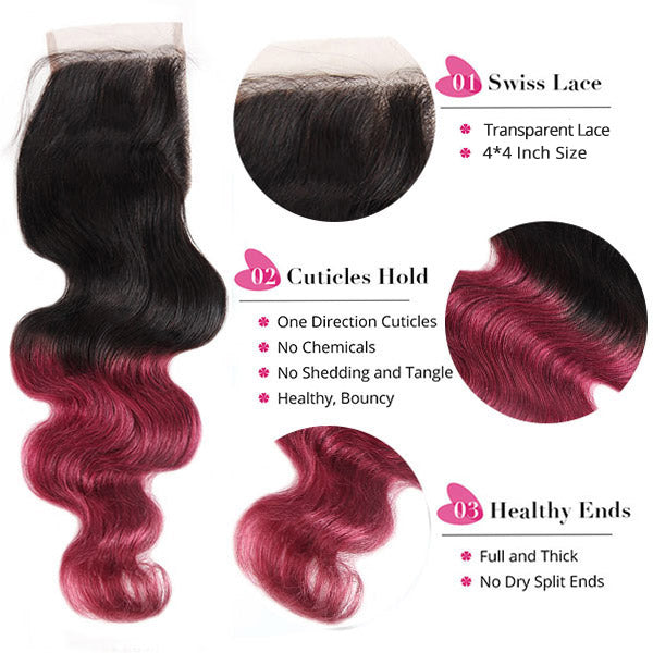 T1b/99j Ombre Hair Bundles With Lace Closure Body Wave Bundles With Lace Closure