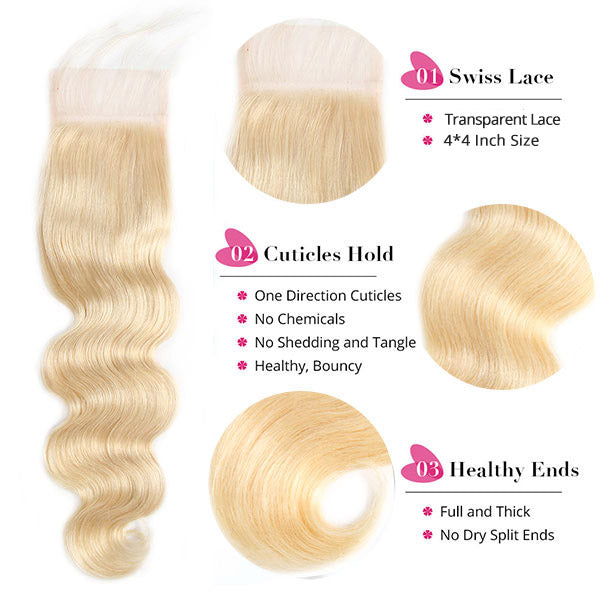 613 Blonde Color Hair 3 Bundles With Lace Closure Body Wave Brazilian Hair