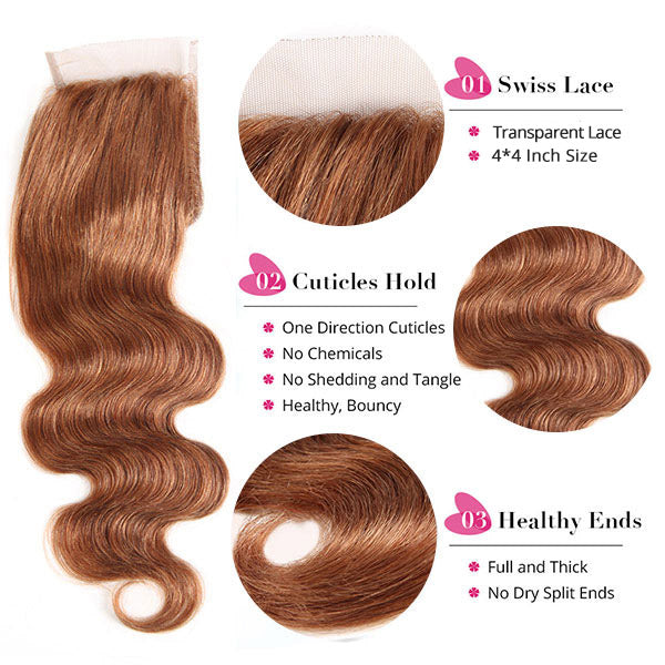 4# Body Wave Human Hair Bundles With 4x4 Lace Closure Brazilian Hair