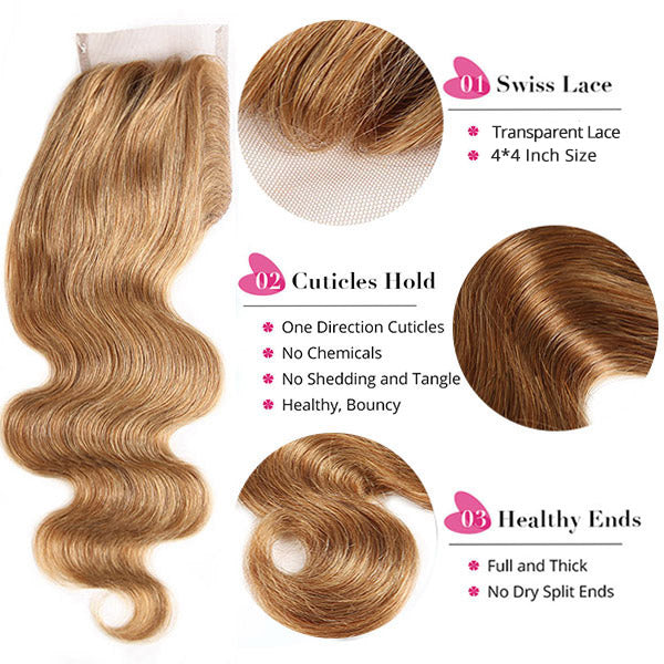 27# Blonde Color Body Wave Hair Bundles With 4*4 Lace Closure Brazilian Hair