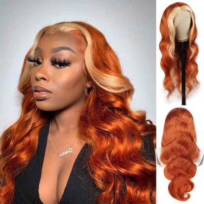 HD Lace Closure Human Hair Wig Skunk Stripe Hair Ginger Hair with Blonde Highlights