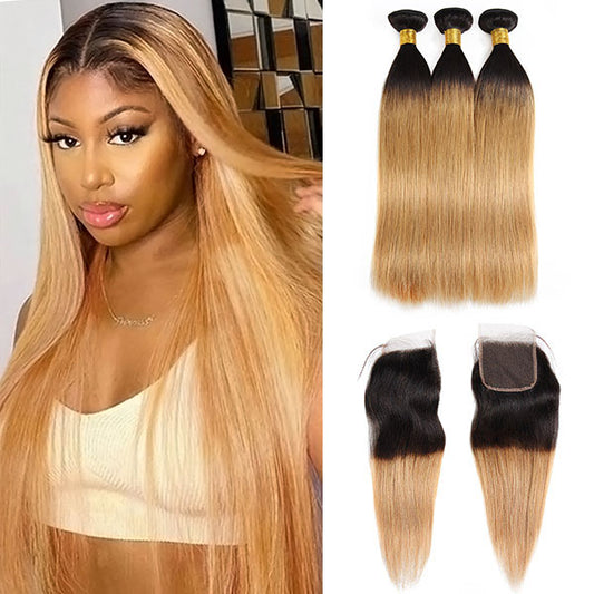 Ombre T1b/27 Colored Human Hair Straight Hair Bundles With Lace Closure