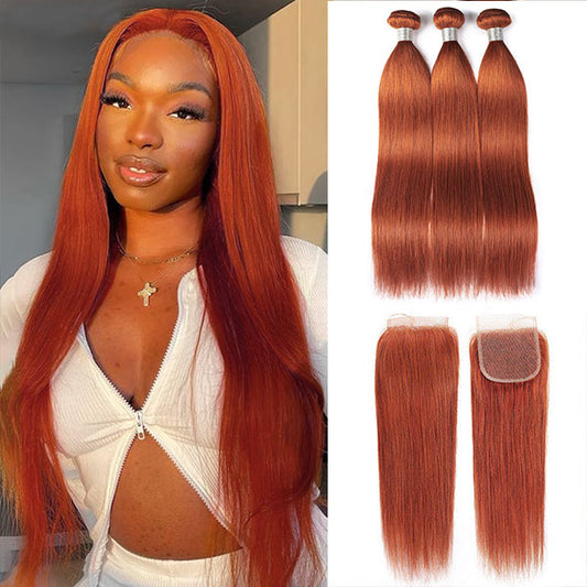 Ginger Orange Colored Human Hair Straight Bundles With Lace Closure