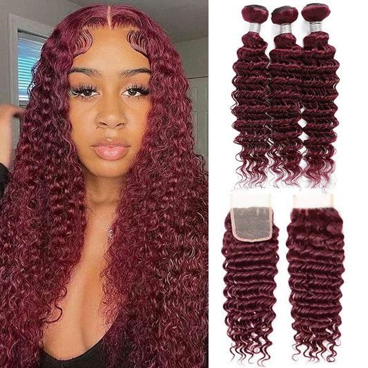 Burgundy 99j# Color Deep Wave Human Hair Bundles with Lace Closure Peruvian Hair