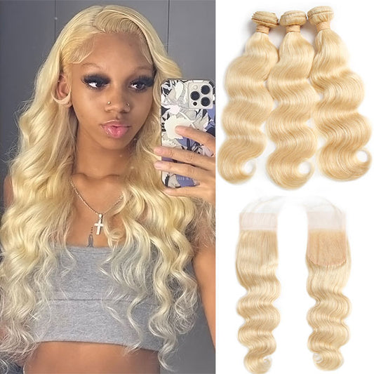 613 Blonde Color Hair 3 Bundles With Lace Closure Body Wave Brazilian Hair