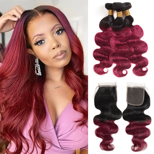 T1b/99j Ombre Hair Bundles With Lace Closure Body Wave Bundles With Lace Closure