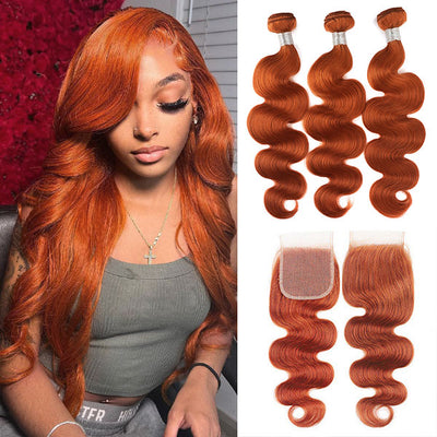 Ginger Color Human Hair Body Wave with Lace Closure Human Hair Brazilian Hair