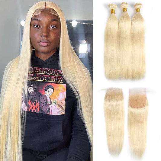 613 Honey Blonde Hair Straight Human Virgin Bundles With 4x4 Lace Closure