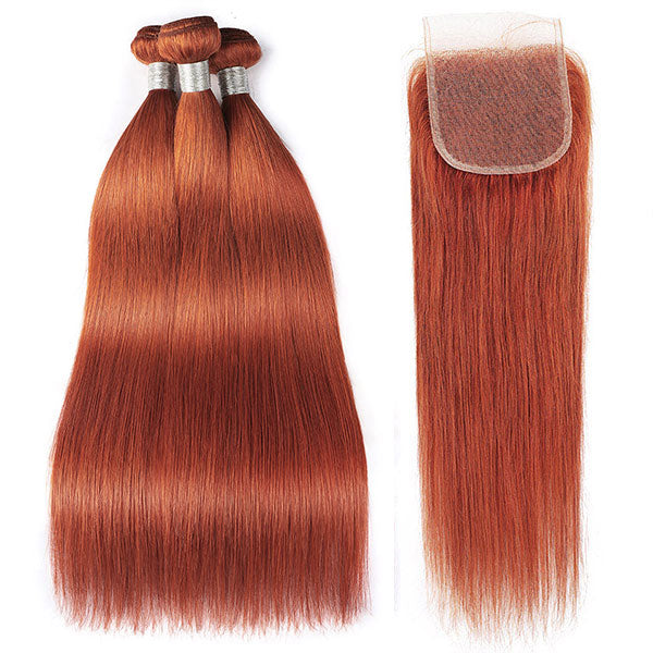 Ginger Orange Colored Human Hair Straight Bundles With Lace Closure