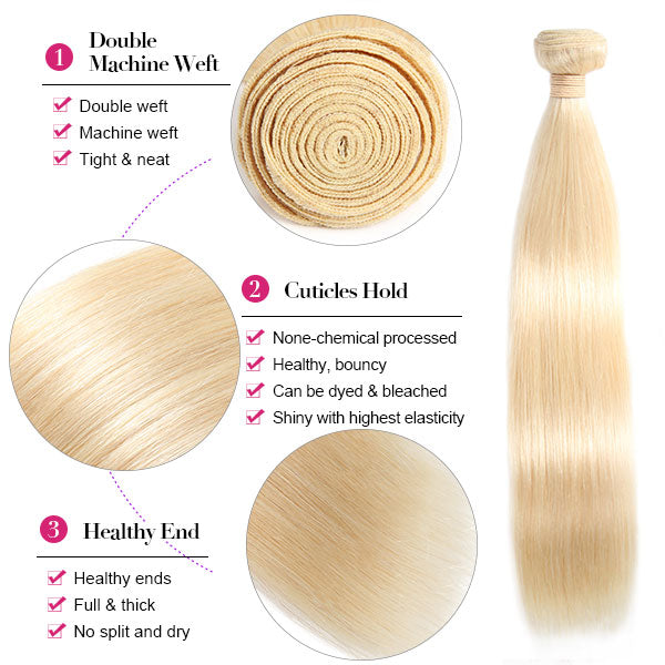 613 Honey Blonde Hair Straight Human Virgin Bundles With 4x4 Lace Closure