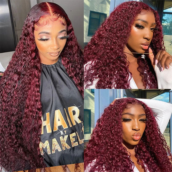 Burgundy 99j# Color Deep Wave Human Hair Bundles with Lace Closure Peruvian Hair