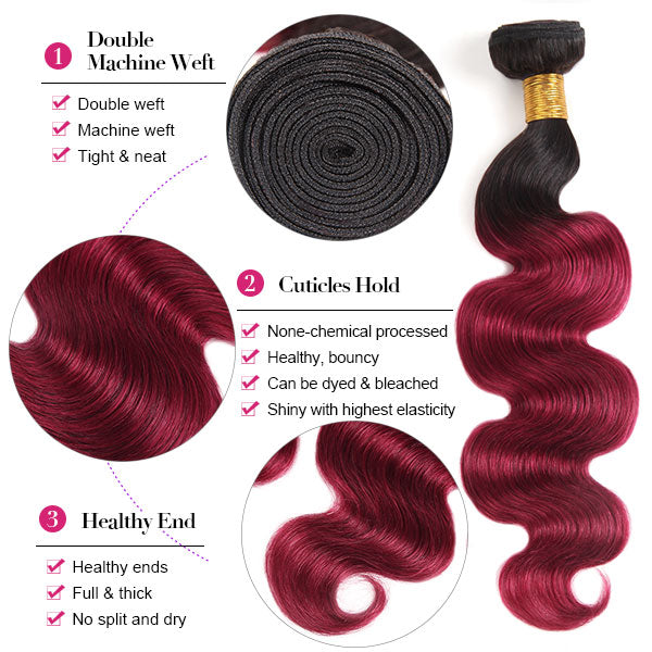T1b/99j Ombre Hair Bundles With Lace Closure Body Wave Bundles With Lace Closure
