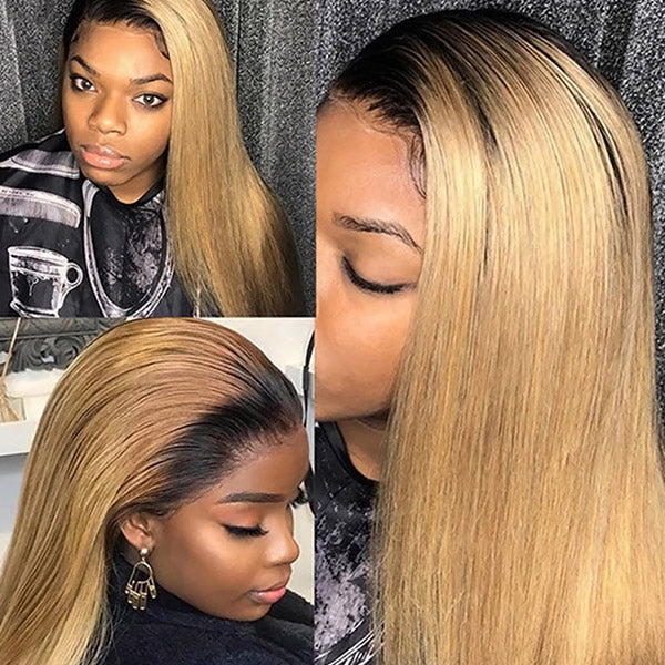 Ombre T1b/27 Colored Human Hair Straight Hair Bundles With Lace Closure