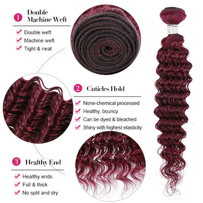 Burgundy 99j# Color Deep Wave Human Hair Bundles with Lace Closure Peruvian Hair