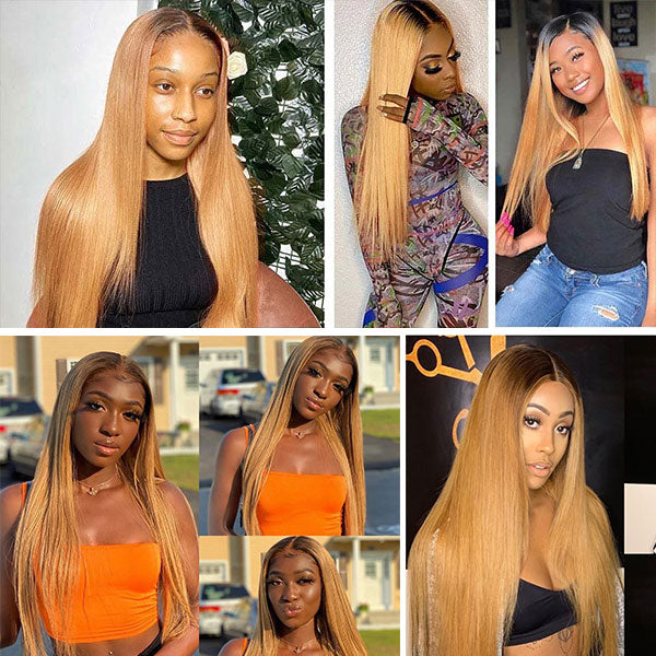 Ombre T1b/27 Colored Human Hair Straight Hair Bundles With Lace Closure
