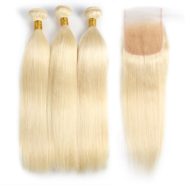 613 Honey Blonde Hair Straight Human Virgin Bundles With 4x4 Lace Closure
