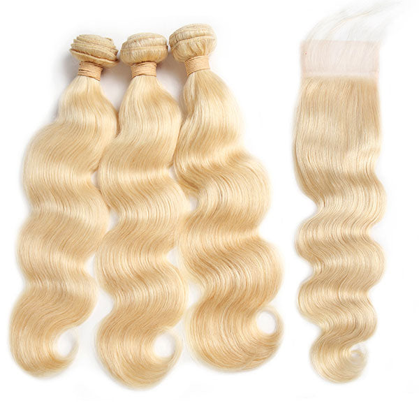 613 Blonde Color Hair 3 Bundles With Lace Closure Body Wave Brazilian Hair