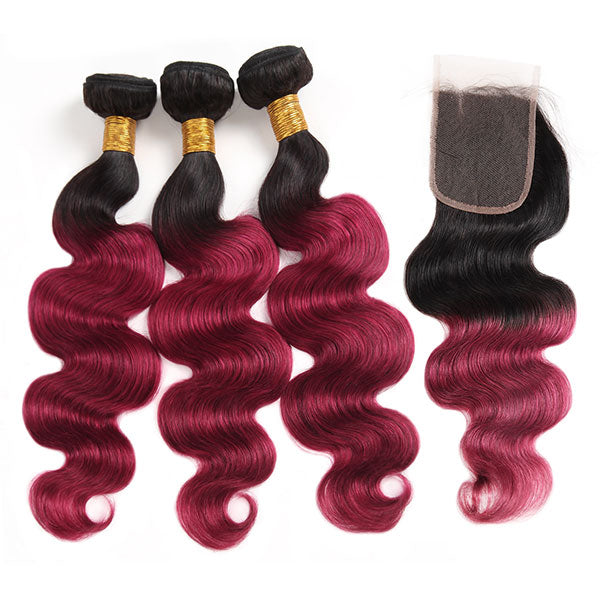 T1b/99j Ombre Hair Bundles With Lace Closure Body Wave Bundles With Lace Closure