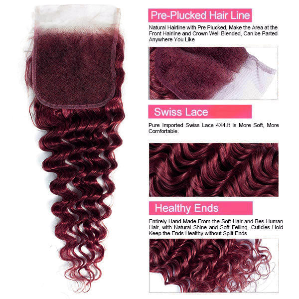 Burgundy 99j# Color Deep Wave Human Hair Bundles with Lace Closure Peruvian Hair