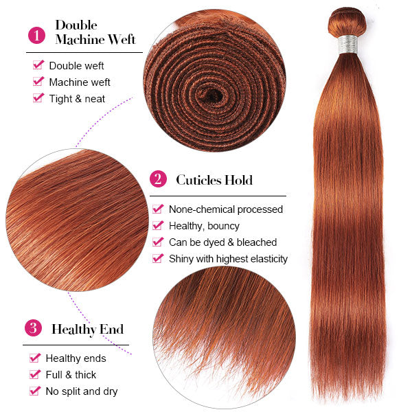 Ginger Orange Colored Human Hair Straight Bundles With Lace Closure