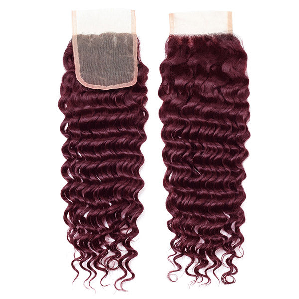 Burgundy 99j# Color Deep Wave Human Hair Bundles with Lace Closure Peruvian Hair