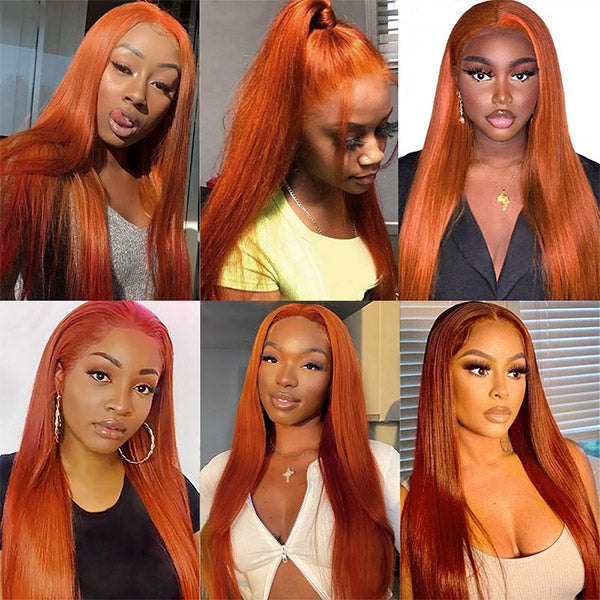 Ginger Orange Colored Human Hair Straight Bundles With Lace Closure