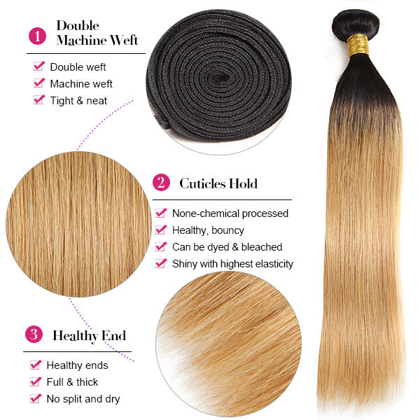 Ombre T1b/27 Colored Human Hair Straight Hair Bundles With Lace Closure