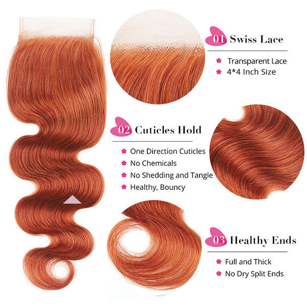 Ginger Color Human Hair Body Wave with Lace Closure Human Hair Brazilian Hair