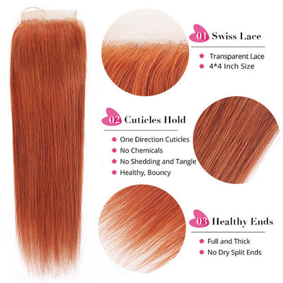 Ginger Orange Colored Human Hair Straight Bundles With Lace Closure