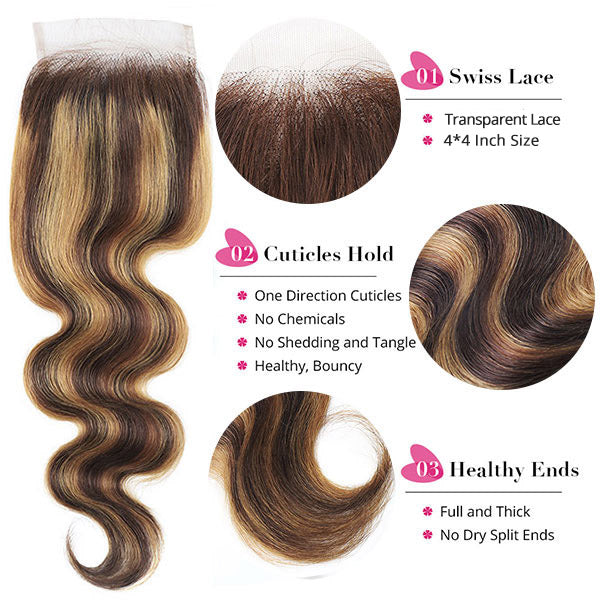 Highlight P4/27 Body Wave Human Hair With 4x4 Lace Closure Peruvian Human Hair Bundle