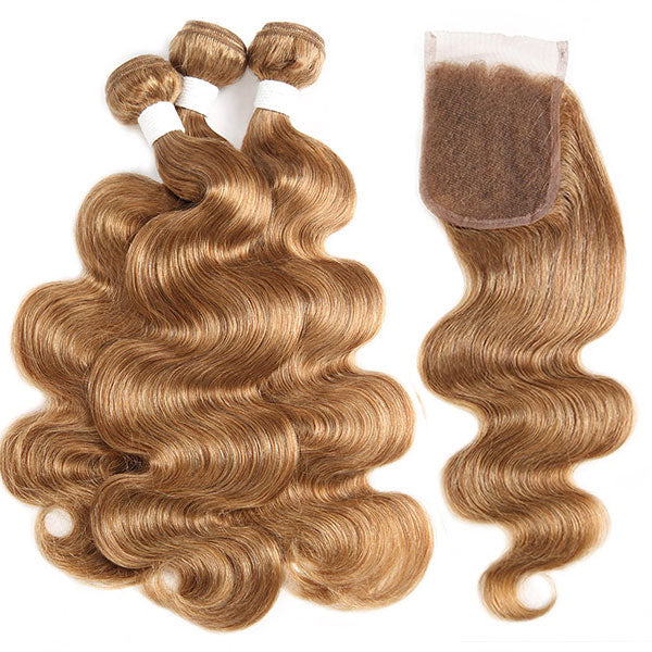 27# Blonde Color Body Wave Hair Bundles With 4*4 Lace Closure Brazilian Hair