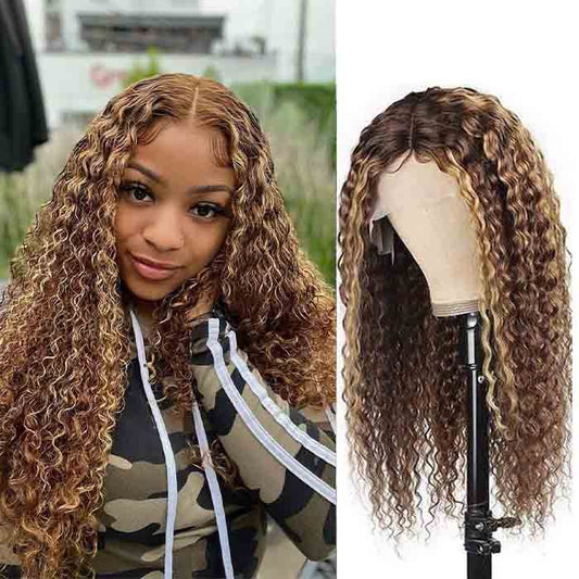 30 Inch Highlight Ombre Lace Front Wig Curly Human Hair Wigs 4/27 Colored Deep Wave Lace Closure Wigs For Women