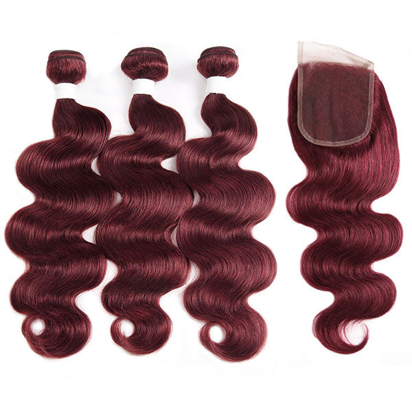 99j Color Hair Body Wave Human Hair Bundles With 4x4 Lace Closure