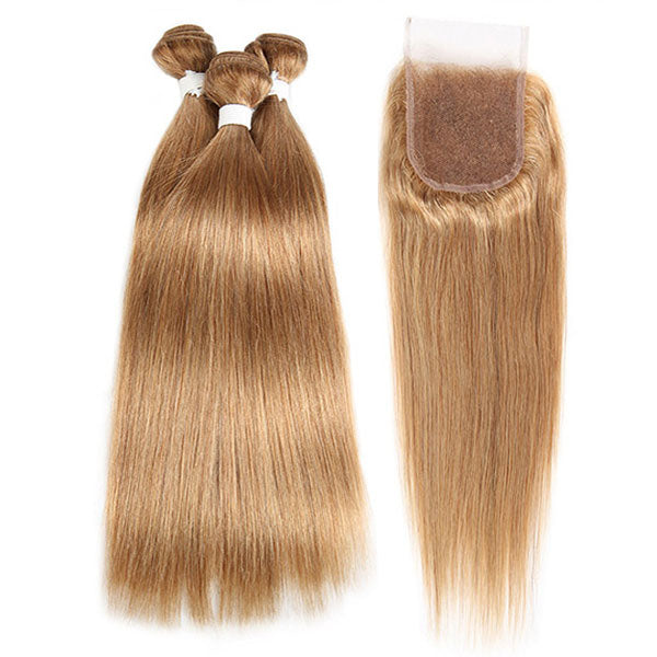 27# Color Honey Blonde 3 Bundles With Lace Closure Straight Hair