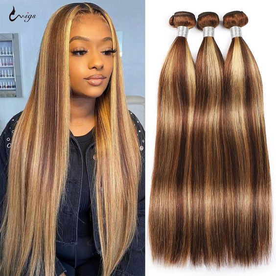 P4/27 Highlight Straight Hair Bundles with Closure Ombre Human Hair Bundles Extensions with Transparent Lace Closure