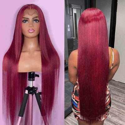 Straight Hair Burgundy Color 13x4 Lace Front Wig Human Hair Wigs 99J Red Hair Pre-Plucked 180% Colored Human Hair Deep Part Wigs