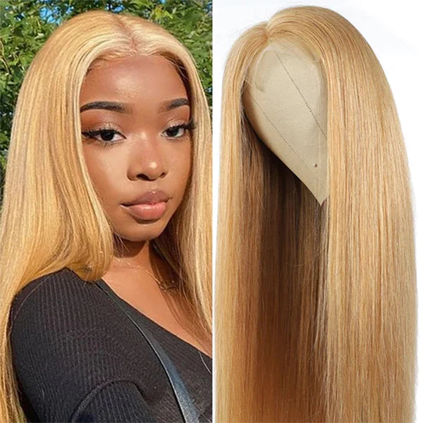 #27 Color Straight Human Hair Wigs Pre Plucked Honey Blonde HD Lace Front Wig