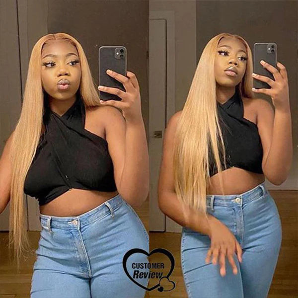 #27 Color Straight Human Hair Wigs Pre Plucked Honey Blonde HD Lace Front Wig