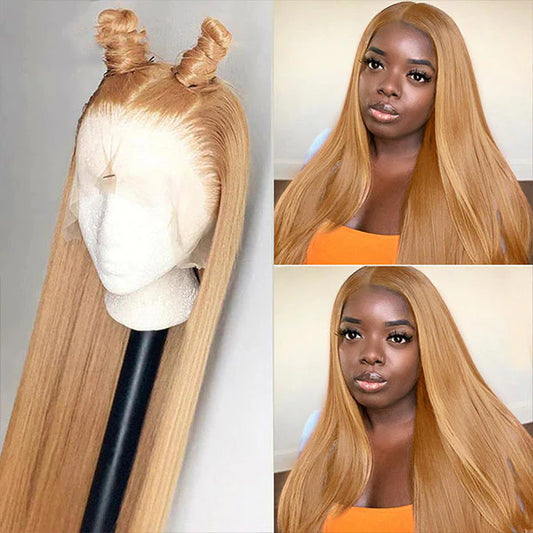 #27 Color Straight Human Hair Wigs Pre Plucked Honey Blonde HD Lace Front Wig