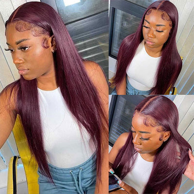 Burgundy 99j Color Straight 3 Bundles With HD Lace Closure