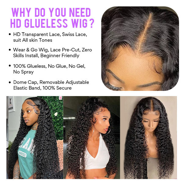 30Inch Kinky Curly Glueless Wigs 4x4 HD Transparent Lace Closure Virgin Human Hair