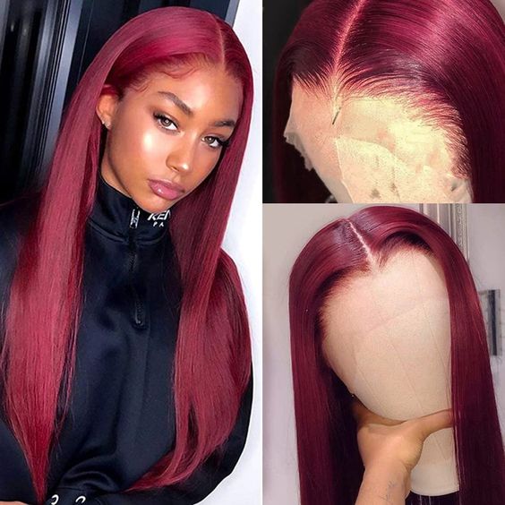 Straight Hair Burgundy Color 13x4 Lace Front Wig Human Hair Wigs 99J Red Hair Pre-Plucked 180% Colored Human Hair Deep Part Wigs