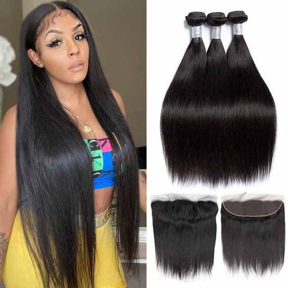 Brazilian Straight Remy Hair 38 Inch Human Hair Bundles With 13X4 Lace Frontal Human Hair Bundles with Closure