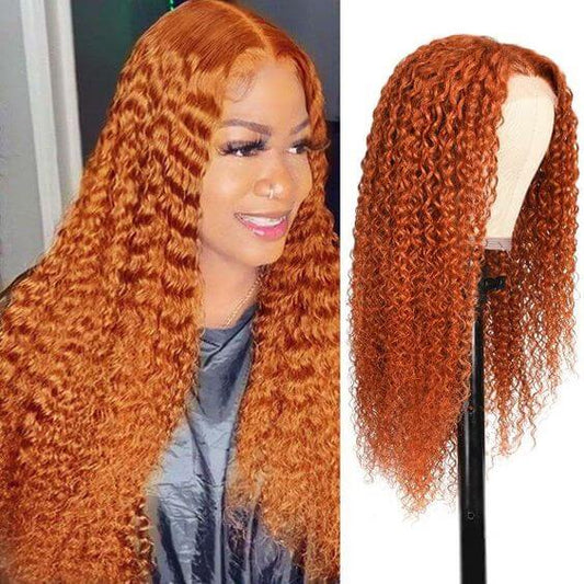 Deep Curly Human Hair Lace Wig Ginger Color Glueless Transparent T Part Lace Wig