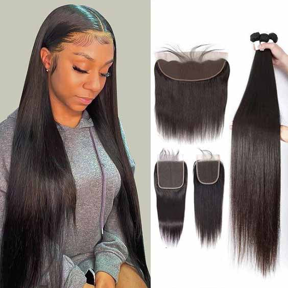 Long Straight Bundles with Closure Straight Human Hair Weave with 4x4 Lace Closure