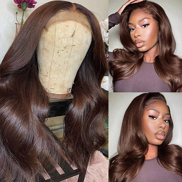 #4 Dark Brown Body Wave 13x4 Transparent Lace Front Wigs Human Hair Pre Plucked For Black Women
